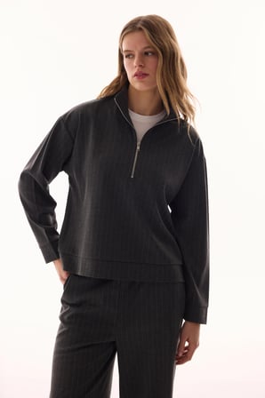 Antrasit Yarım Fermuarlı Çizgili Polo Yaka Sweatshirt