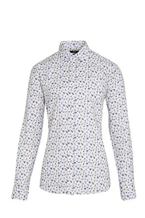 Beyaz Slim Fit Çiçek Desenli Gömlek | S