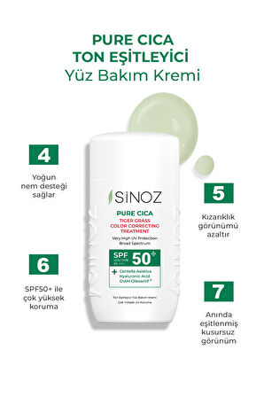 Sinoz Spf50 Pure Cica Anında Ton Eşitleyici Yüz Bakım Kremi - Yeni Nesil Mineral Güneş Filtresi