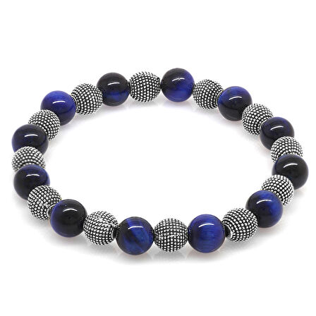 Mavi Kaplangözü Metal Kombinli Küre Kesim Doğaltaş Bileklik