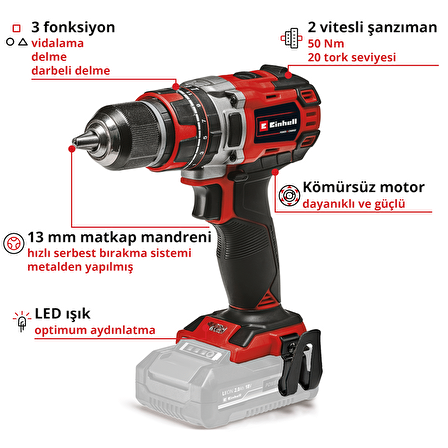 Einhell Professional Akülü Darbeli Vidalama TP-CD 18/50 Li-i BL Solo Power X-Change (18V, Kömürsüz, 50 Nm, Darbeli Vidalama Fonksiyonu, 2 Vites, 13 mm Mandren, akü dahil değildir)