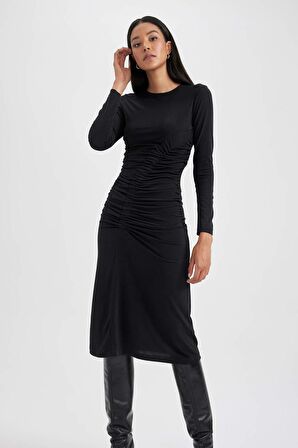 DeFacto Bodycon Yuvarlak Yaka Midi Uzun Kollu Elbise B1819AX23AUBK81