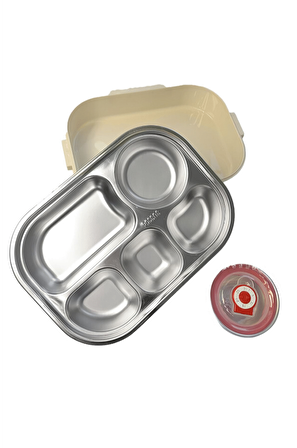 304 Çelik Bej 1500 ml Beş Bölmeli Öğrenci Ofis Yemek Mama Kabı Sefertası cin603