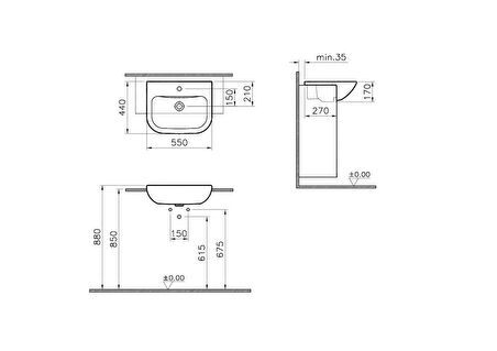 VitrA S20 5524B003-0001 Yarım Tezgah Lavabo, 55 cm