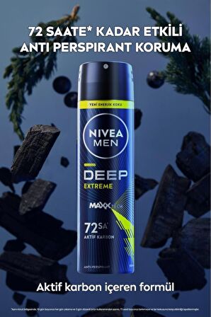 Nivea Men Erkek Sprey Deodorant Deep Extreme 150ml, 72 Saat Anti-perspirant Ter Koruma, Yeni Enerjik