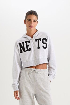 DeFactoFit NBA Brooklyn Nets Crop Kalın Fermuarlı Sweatshirt D2362AX24AUGR379