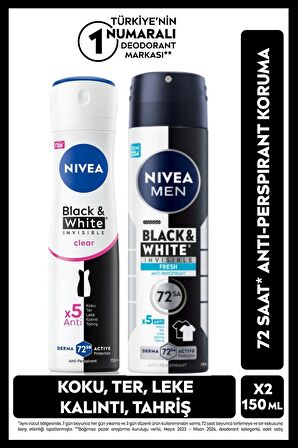 Nivea MEN Erkek Sprey Deodorant Black&White Invisible Fresh 150ml ve Kadın Deodorant, 72 Saat Ter Koruma