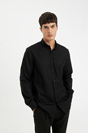 DeFacto %100 Pamuk Regular Fit Polo Yaka Oxford Basic Düz Uzun Kollu Siyah Gömlek A8028AX24AUBK81