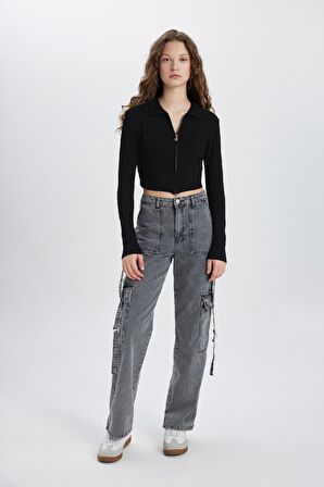 DeFacto Fitted Polo Yaka Fitilli Kaşkorse Crop Fermuarlı Hırka C4578AX24SMBK81