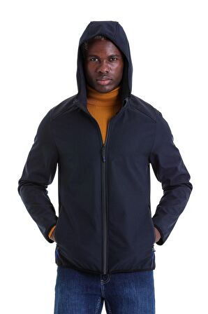 Lacivert Su ve Rüzgar Geçirmez Kapüşonlu Softshell Mont | S