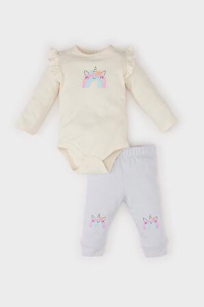 DeFacto Kız Bebek 2'li Takım Unicorn Baskılı Uzun Kollu Çıtçıtlı Body Beli Lastikli Alt D8702A525SPER233
