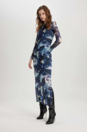 DeFacto Bodycon Yuvarlak Yaka Batik Tül Midi Uzun Kollu Abiye Elbise C5082AX24SPBE181