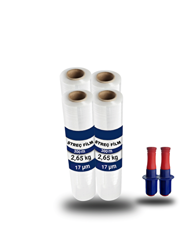 4 Adet Şeffaf El Tipi 17 Mikron 300 Metre Palet Streç Film El Aparatı Hediyeli