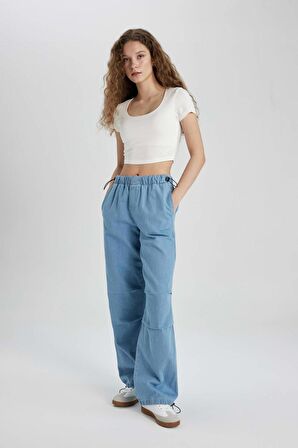 Jogger Yüksek Bel Bilek Boy Paraşüt Jean Pantolon