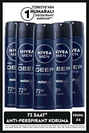 Nivea MEN Erkek Sprey Deodorant Deep Dimension Aktif Karbon 150ml, 72 Saat Anti-perspirant Koruma, X5 Adet