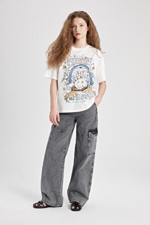 DeFacto Loose Fit Bisiklet Yaka Baskılı Kısa Kollu Tişört C5956AX24SMWT32