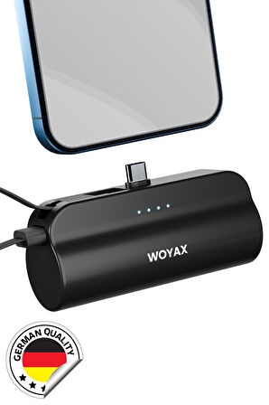 Type-C Soketli Mini Powerbank 5000mAh 2 Type-C Port Dahili Kablolu Taşınabilir Şarj Cihazı Siyah