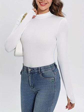 Beyaz Yarım Balıkçı Yaka Bluz Darkalıp İnterlok Penye Kumaş Parmak Detaylı Body