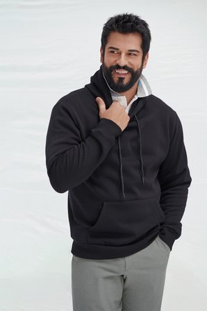 Erkek Siyah Standart Fit Normal Kesim Içi Polarlı 3 Iplik Kapüşonlu Pamuklu Sweatshirt