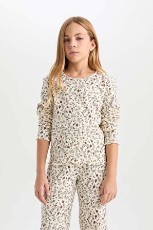 DeFacto Kız Çocuk Pijama Takımı Çiçekli Bisiklet Yaka Uzun Kollu Üst Uzun Alt D6052A824AUBG107