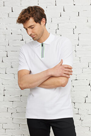 Erkek Beyaz Slim Fit Dar Kesim Polo Yaka %100 Pamuk Petek Desenli Kısa Kollu Tişört