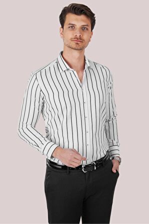 Beyaz Siyah Çizgili Slimfit Erkek Gömlek