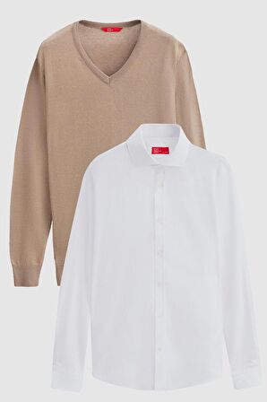 Ds Damat Slim Fit Bej Pamuk Karışımlı 2'Li V Yaka Triko Ve Gömlek 1HC0206VBN01