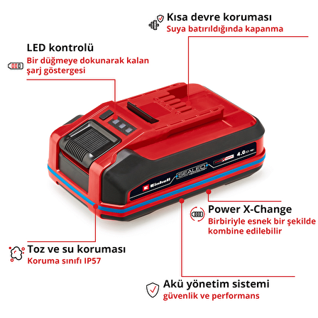 Orijinal Einhell 18 V 4.0 Ah SEALED Power X-Change PLUS (18 V Akü, Su ve Toz Koruması, IP57 Koruma Sınıfı,Tüm PXC cihazları için evrensel kullanım, Şarj cihazı dahil değil) - 4511627