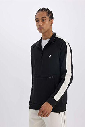DeFactoFit Standart Fit Fermuarlı Dik Yaka Skuba Dalgıç Kumaş Cepli Sporcu Sweatshirt X9124AZ24AUBK81