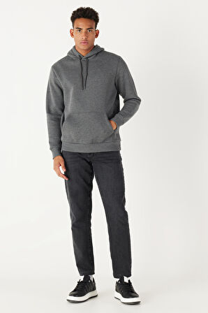 Erkek Antrasit-melanj Standart Fit Içi Polarlı 3 Iplik Kapüşonlu Pamuklu Sweatshirt