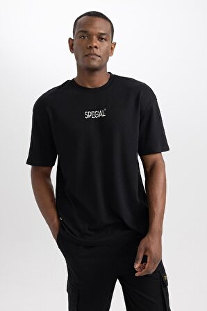 DeFacto Comfort Regular Fit Rahat Kalıp Bisiklet Yaka Baskılı Kısa Kollu Ağır Kumaş Tişört A6394AX23AUBK81