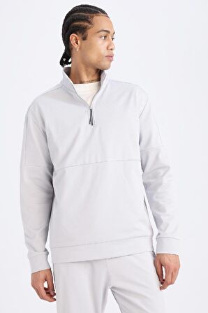 DeFactoFit Standart Fit Dik Yaka Fermuarlı Skuba Dalgıç Kumaş Sporcu Sweatshirt D7305AX25SPGR91