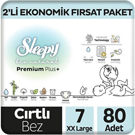 Sleepy Bio Natural Premium Plus 2'li Ekonomik Fırsat Paketi Bebek Bezi 7 Numara Xxlarge 80 Adet