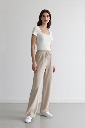 DeFacto Coool Wide Leg Geniş Paça Keten Karışımlı Pantolon Kargo Cepli Yüksek Bel C0964AX24SMBG155