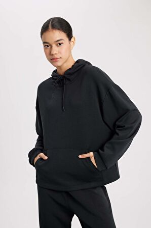 DeFactoFit Oversize Geniş Kalıp Premium Modal Kapüşonlu Kanguru Cepli Sporcu Sweatshirt B5206AX24SPBK26