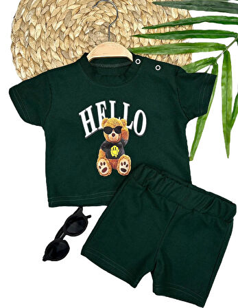 9-12-18-24 Ay Hello Gözlüklü Ayıcık Baskılı Şortlu Kısa Kollu Tişört 2li Erkek Bebek Takımı