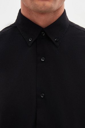 Comfort Siyah Düğmeli Yaka Rahat Kesim Keten Görünümlü %100 Pamuk Gömlek 2HC02ORT64265