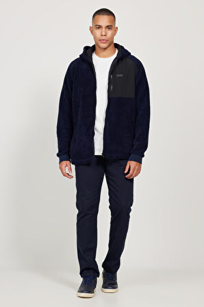 Erkek Lacivert Oversize Bol Kesim Kapüşonlu Sherpa Polar Sweatshirt Ceket