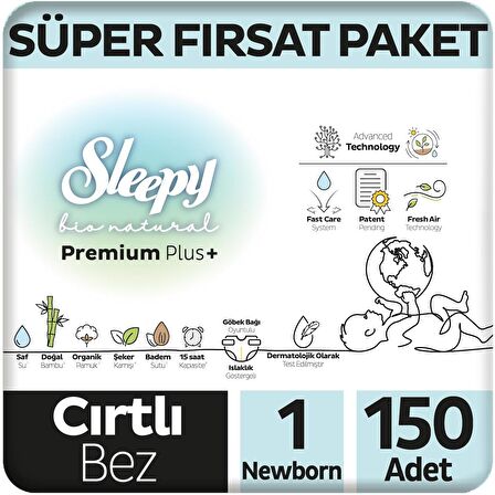 Sleepy Bio Natural Premium Plus Süper Fırsat Paketi Bebek Bezi 1 Numara Newborn 150 Adet