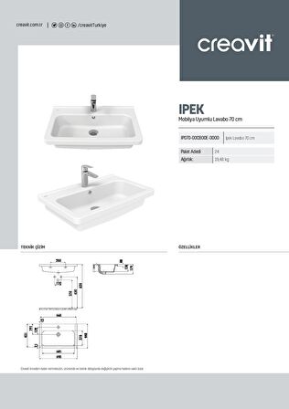 Creavit İpek 45x70 cm Etajerli Mobilya Dolap Uyumlu Lavabo IP070