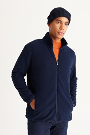 Erkek Lacivert Anti-pilling Tüylenme Yapmayan Standart Fit Bato Yaka Sweatshirt Polar Ceket