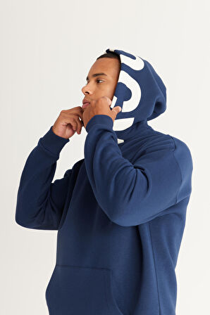Erkek Lacivert Oversize Fit Bol Kesim Kapüşonlu İçi Polarlı Pamuklu Kapüşonlu Sweatshirt