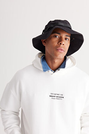 Erkek Beyaz Oversize Fit Bol Kesim Kapüşonlu Içi Polarlı 3 Iplik Pamuklu Sweatshirt