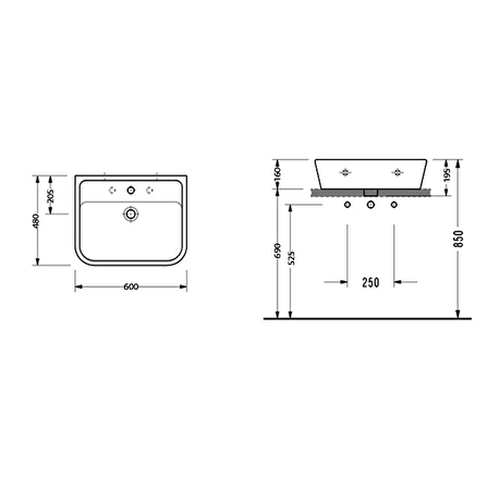 Serel Star 48x60 cm Duvara Monte Lavabo DE30TDS110H