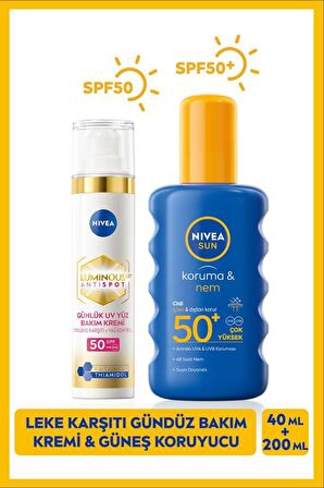 NIVEA SUN Yüksek Güneş Koruyucu Nemlendirici Vücut Spreyi 200ml ve Luminous630 Thiamidol Etkilİ Leke Karşıtı Gündüz Yüz Bakım Kremi 40ml, SPF 50