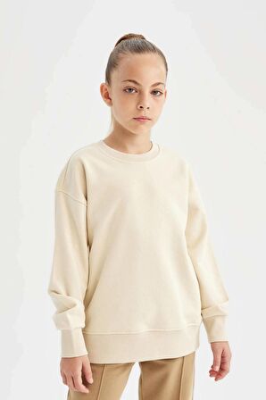 DeFacto Kız Çocuk Relax Fit Bisiklet Yaka Pamuklu Basic Düz Okul Sweatshirt A2797A824AUBG286