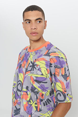 Oversize Fit Bol Kesim Pamuklu Baskılı Bisiklet Yaka Tişört