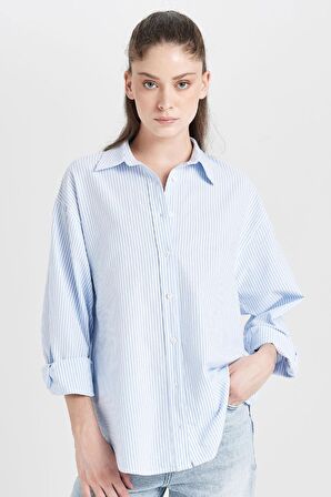 DeFacto Oversize Geniş Kalıp Çizgili Oxford Uzun Kollu Gömlek D4015AX24AUBE306