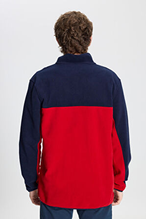 Erkek Lacivert-kırmızı Standart Fit Normal Kesim Günlük Rahat Çift Renkli Polar Spor Sweatshirt