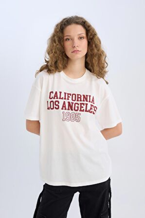 DeFacto Oversize Geniş Kalıp Bisiklet Yaka Baskılı Kısa Kollu Tişört D9608AX25SMWT32